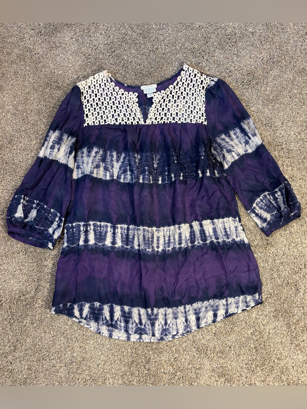 Calypso St. Barth Women’s Purple Tie-Dye 100% Silk V-Neck Tunic Blouse Sz Small
